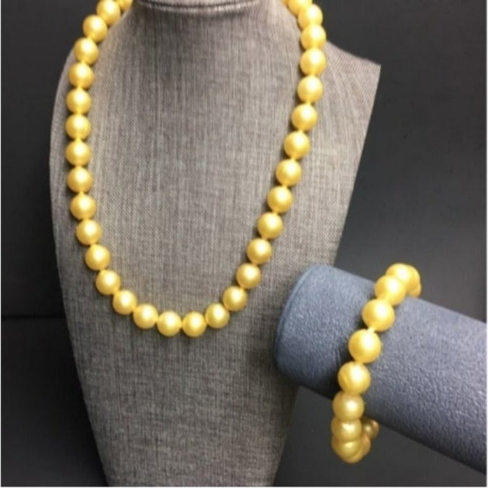 VTG Pop Bead Necklace Bracelet Yellow Pearl Adjustable Retro